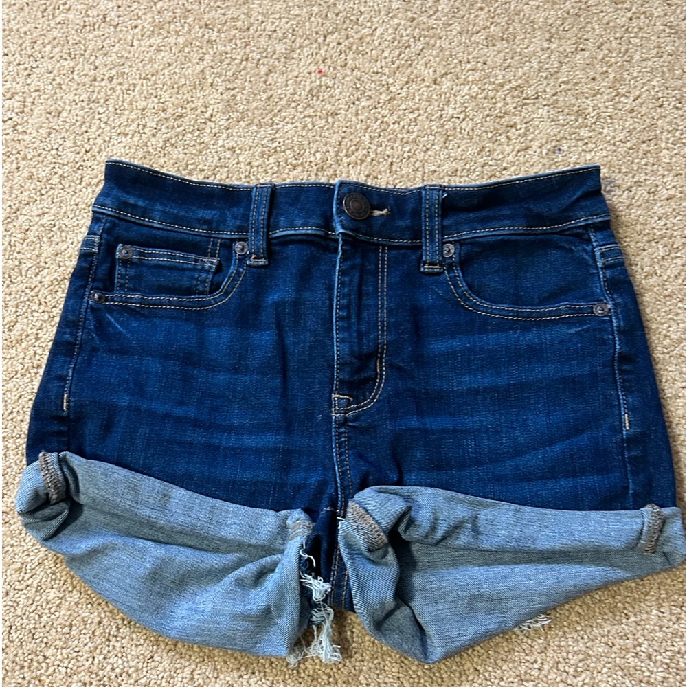 Blue denim jean shorts!! No rips, and are cuffed.